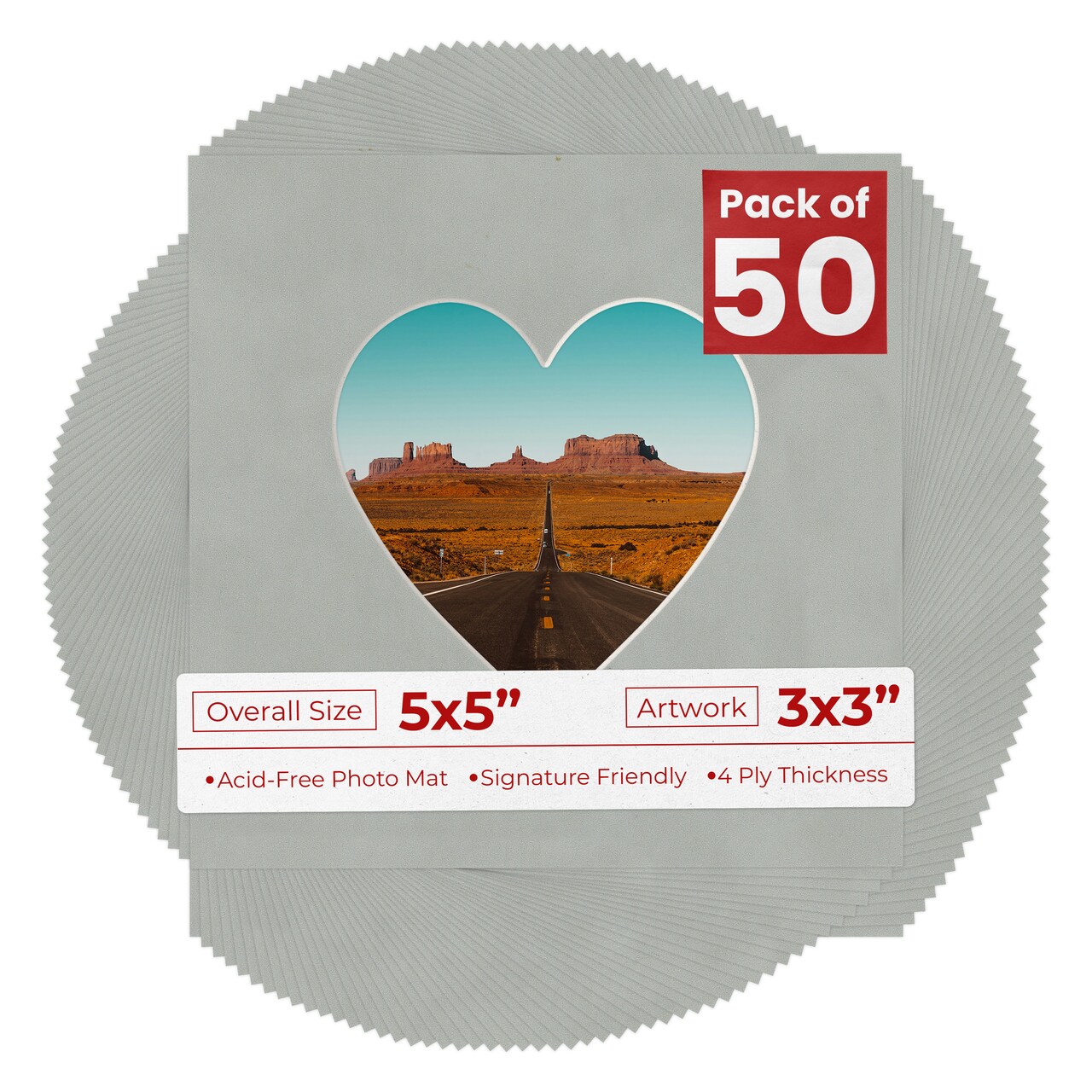 Light Grey Suede Mat Board for 5x5 Inch Frames - Heart Opening for 3x3 Photos